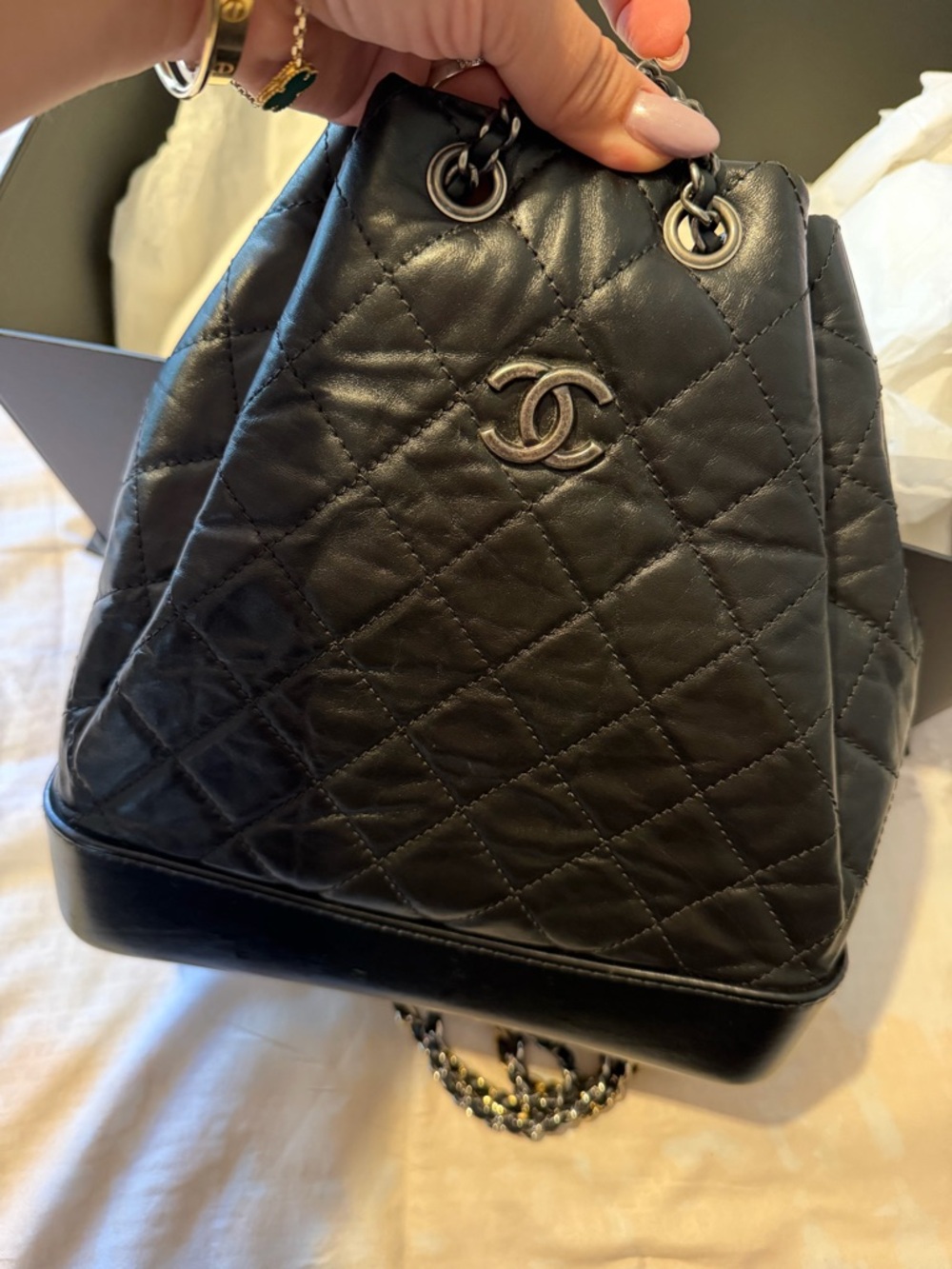 CHANEL Gabrielle Black Quilted Lambskin Drawstring Bucket Bag with Chain Strap - Picture 8 of 9